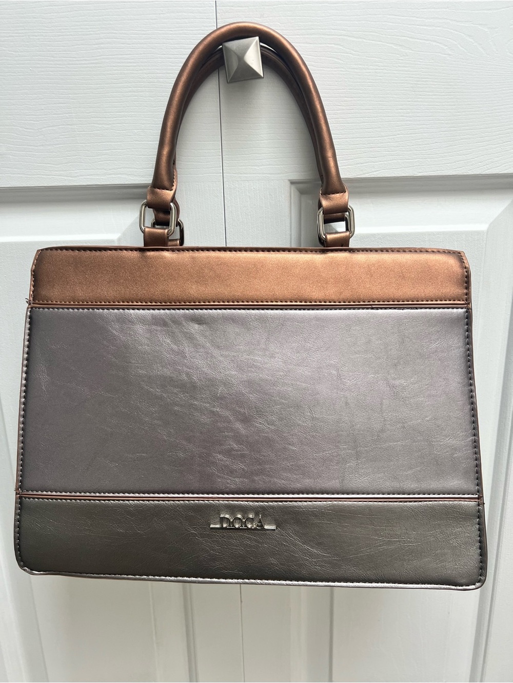 Metallic Brown and Gray Structured Top-Handle Bag